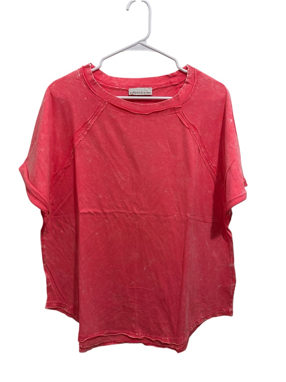 Zenana Outfitters Pink Mineral Wash Short Sleeve Raw-Edge Crew Tee